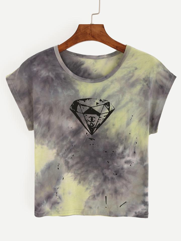 Romwe Yellow Grey Tie Dye Diamond Print T-shirt