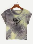 Romwe Yellow Grey Tie Dye Diamond Print T-shirt