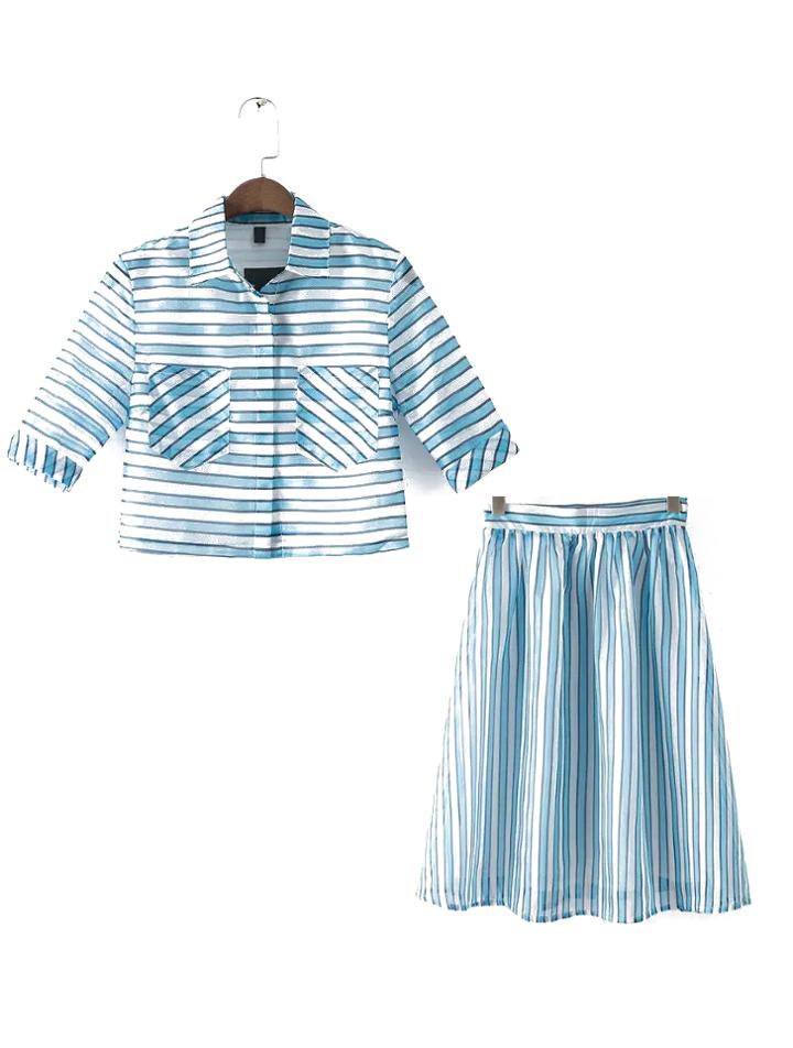 Romwe Pockets Top With Vertical Striped Skirt