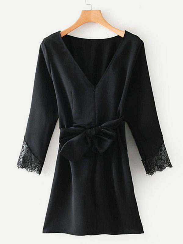 Romwe Lace Insert Cuff Self Tie Dress