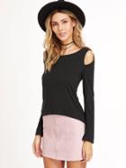 Romwe Black Open Shoulder Dip Hem T-shirt