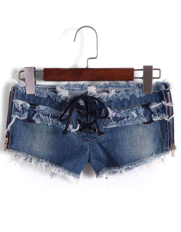 Romwe Lace Up Fringe Crop Denim Shorts