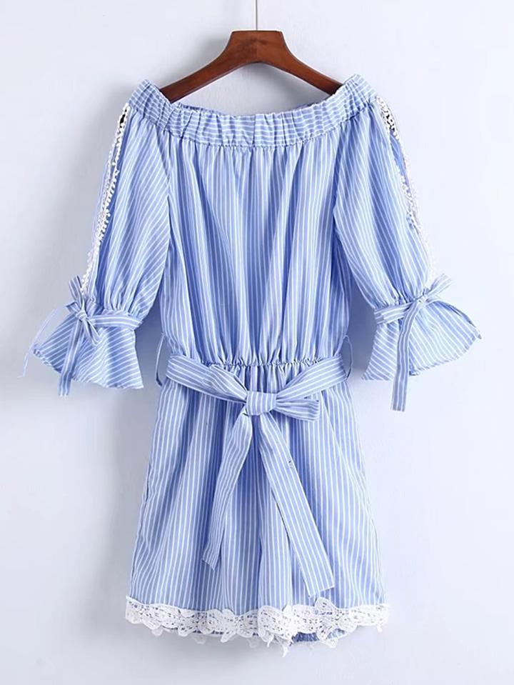 Romwe Split Sleeve Contrast Lace Bow Tie Waist Playsuit