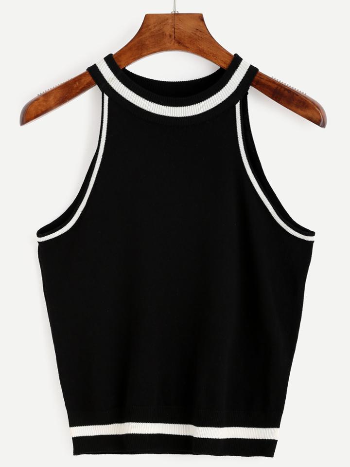 Romwe Black Striped Trim Knit Halter Top