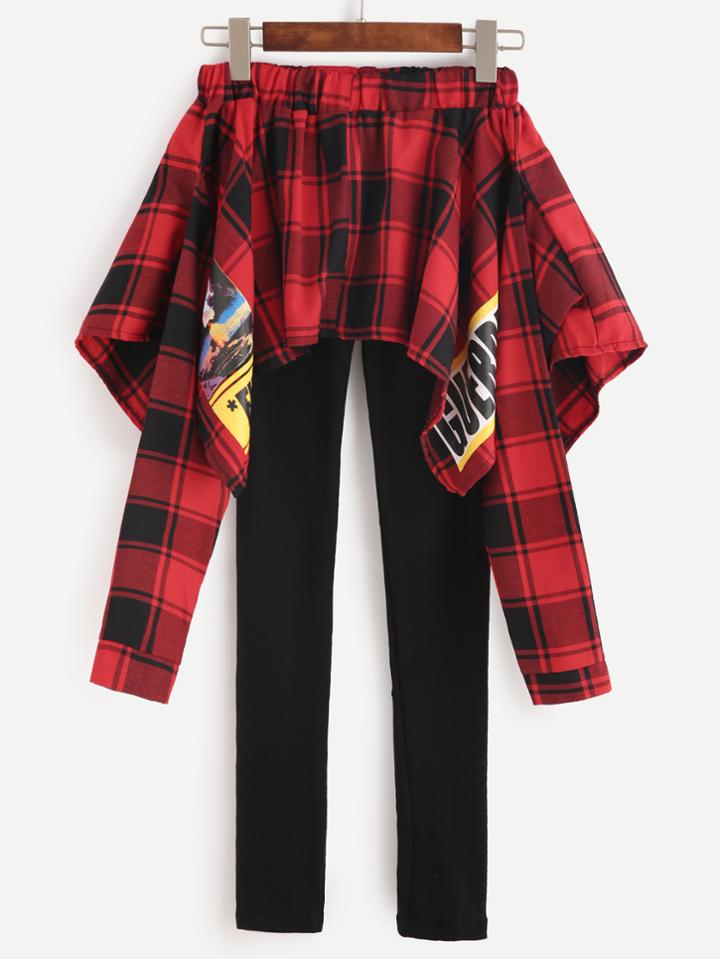 Romwe Print Contrast Plaid 2 In 1 Leggings