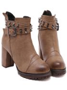 Romwe Brown Buckle Strap Studded High Heeled Boots