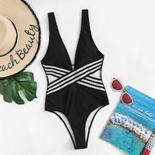 Romwe Low Back Striped Swimsuit