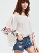 Romwe White Off The Shoulder Bell Sleeve Embroidered Blouse