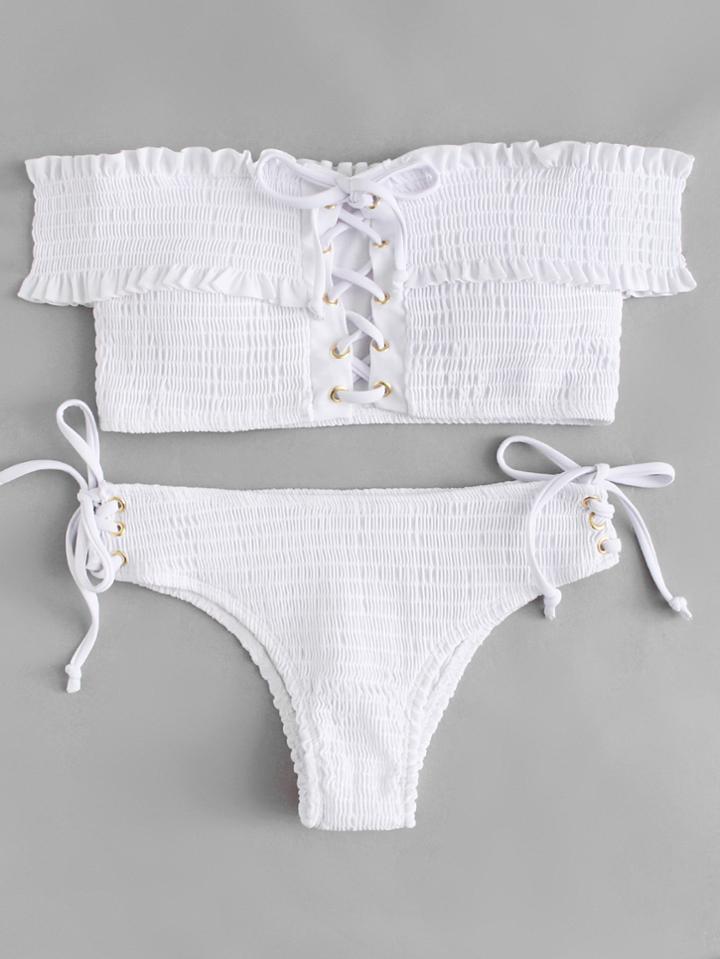 Romwe Shirred Frill Lace Up Bikini Set