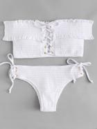 Romwe Shirred Frill Lace Up Bikini Set