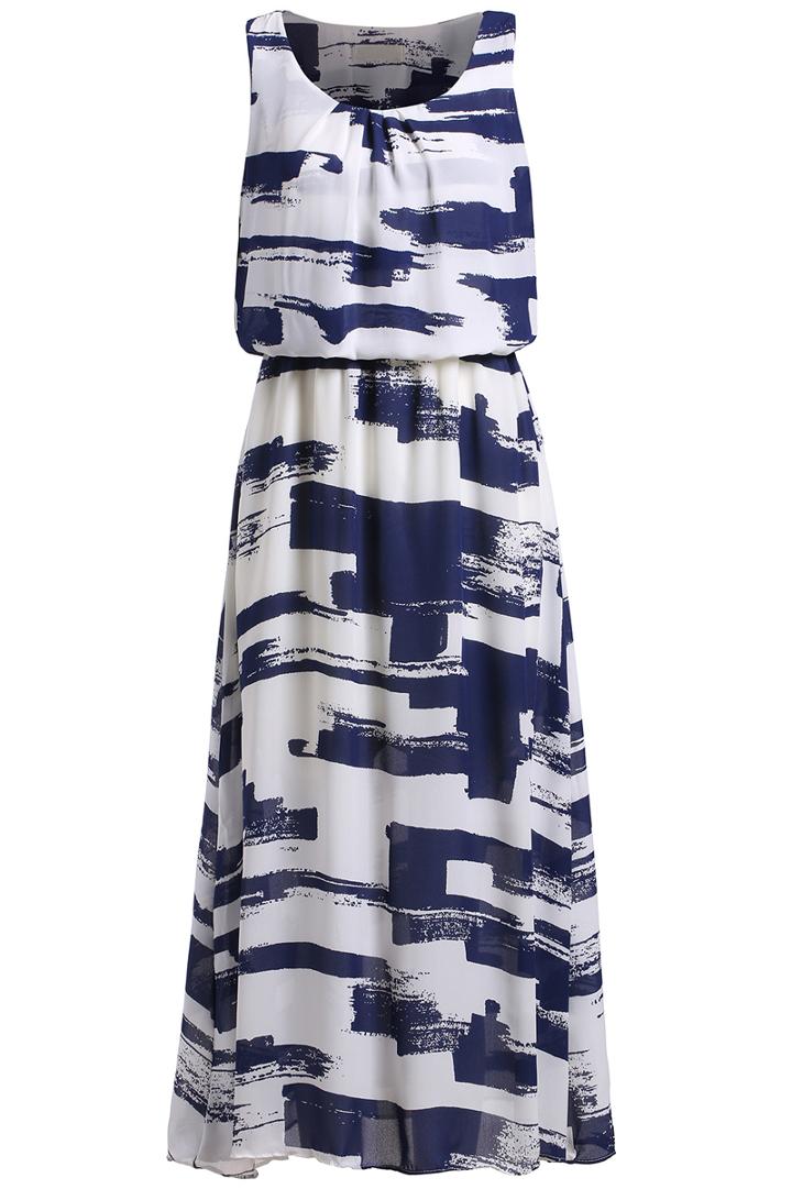Romwe Sleeveless Graffiti Print Chiffon Blue Dress