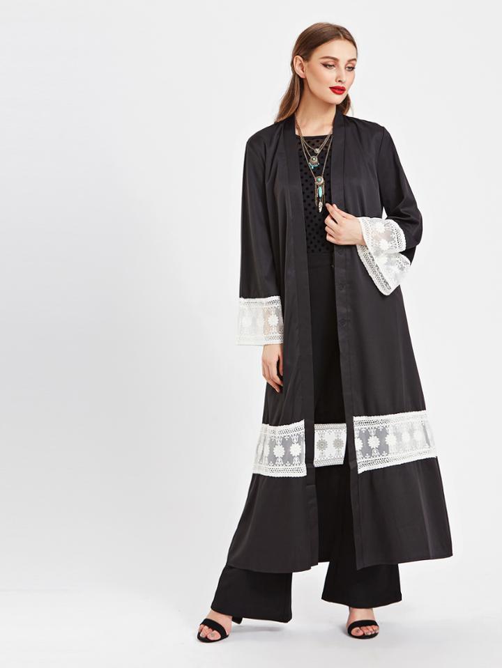 Romwe Contrast Embroidered Mesh Trim Self Tie Longline Abaya