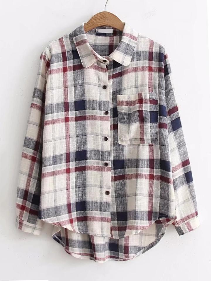Romwe Dip Hem Plaid Blouse