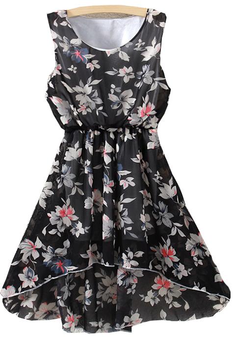 Romwe Florals High Low Chiffon Black Dress