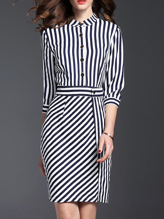 Romwe Navy White Striped Sheath Dress
