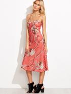 Romwe Red Spaghetti Strap Flower Print Backless Dress