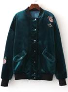 Romwe Blue Floral Embroidery Button Velvet Jacket