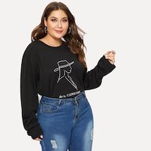 Romwe Plus Letter And Head Portrait Print Tee