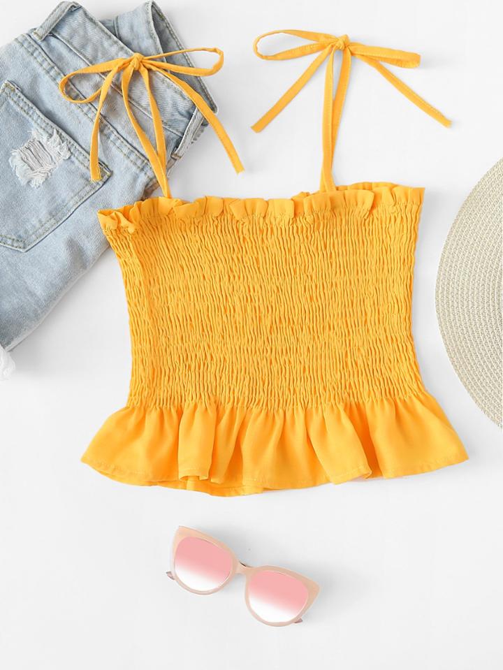 Romwe Bow Strap Smock Ruffle Trim Cami Top