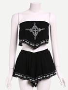Romwe Embroidered Crop Bandeau Top With Shorts - Black