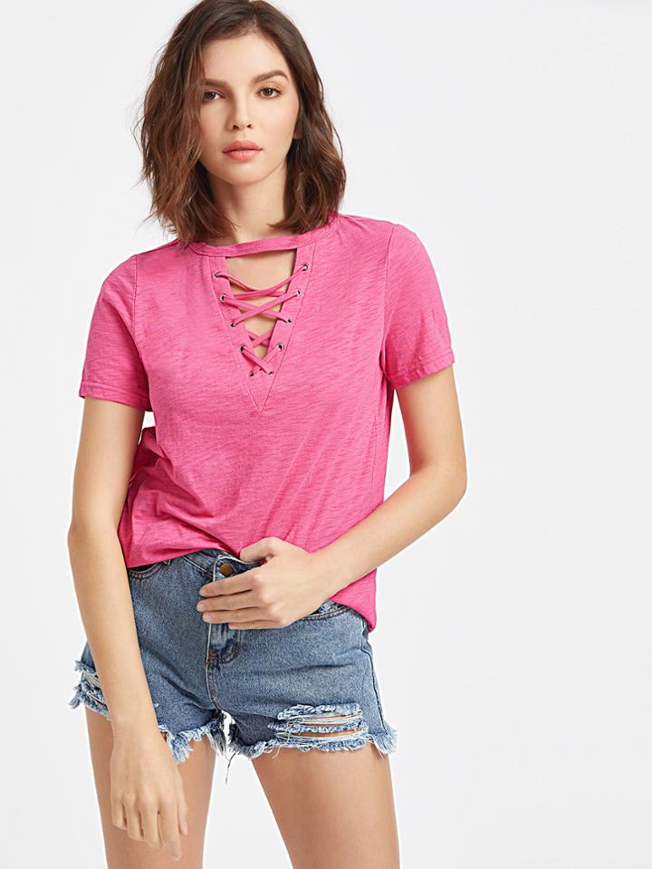 Romwe V Neckline Criss Cross Front Tee