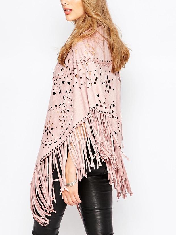 Romwe Hollow Tassel Loose Pink Coat