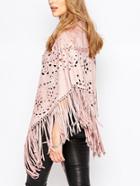 Romwe Hollow Tassel Loose Pink Coat