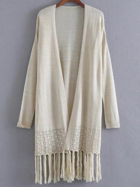 Romwe Beige Open Front Fringe Hem Cardigan