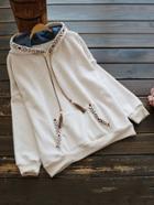 Romwe Beaded Tassel Drawstring Embroidered Heather Knit Hoodie