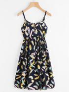 Romwe Feather Print Random Button Front Cami Dress