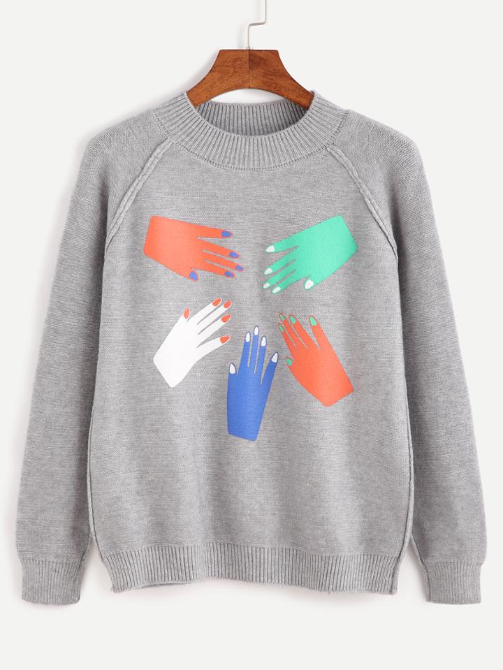 Romwe Heather Grey Hand Print Raglan Sleeve Sweater