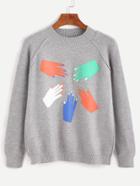 Romwe Heather Grey Hand Print Raglan Sleeve Sweater