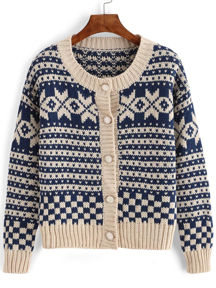 Romwe Snowflake Print Buttons Coat Sweater
