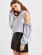 Romwe Heather Grey Cold Shoulder Drawstring Sleeve Sweatshirt