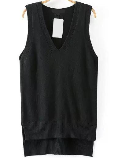 Romwe V Neck Dip Hem Knit Black Vest