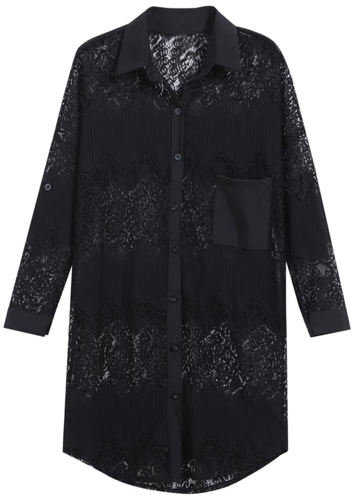 Romwe Lapel Hollow With Pocket Buttons Black Blouse