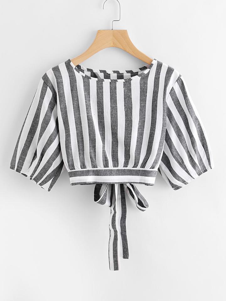 Romwe Striped Split Self Tie Back Crop Top