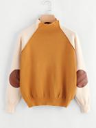 Romwe High Neck Contrast Raglan Sleeve Patch Sweater