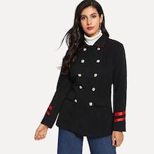 Romwe Double Breasted Striped Tape Coat