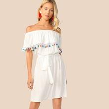 Romwe Off Shoulder Ruffle Tassel Trim Belted Dress