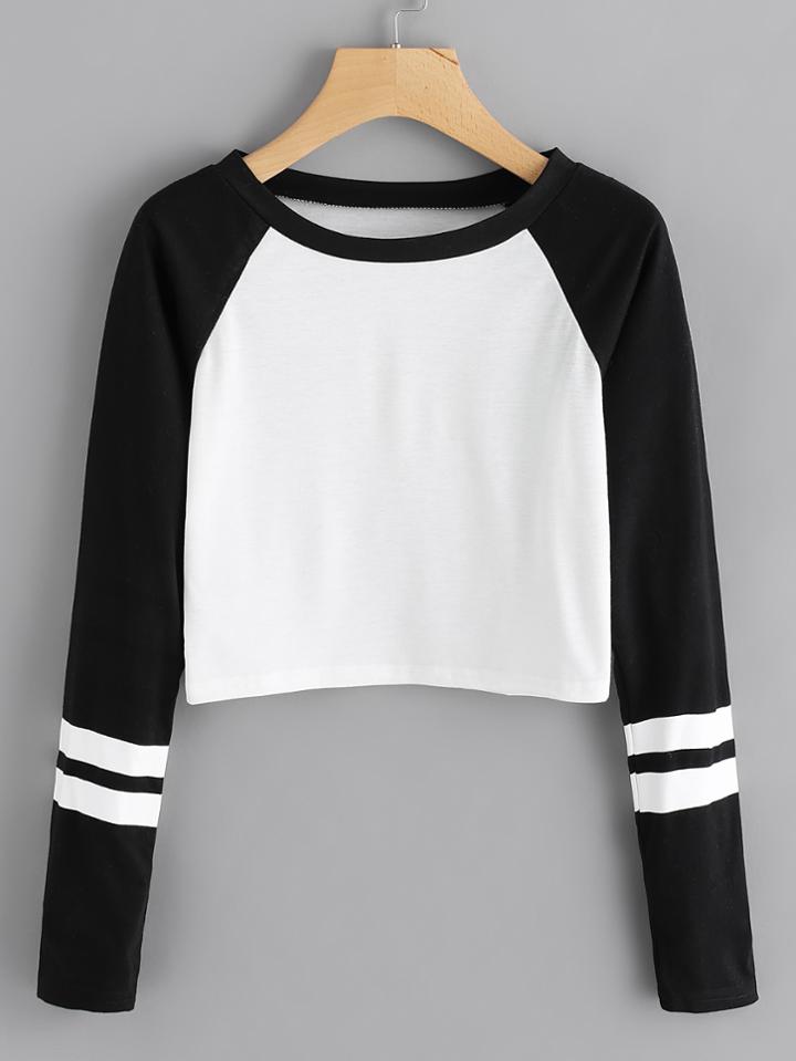 Romwe Contrast Sleeve Varsity Striped Crop Tee