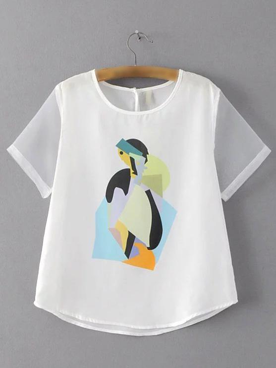 Romwe White Organza Sleeve Printed Key-hole Back Blouse
