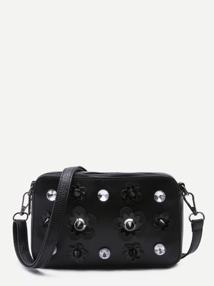 Romwe Black Pu Rhinestone Floral Patch Mini Crossbody Bag