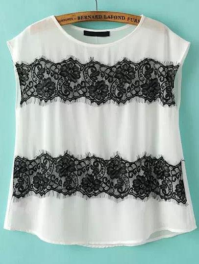 Romwe White Eyelash Lace Chiffon Blouse