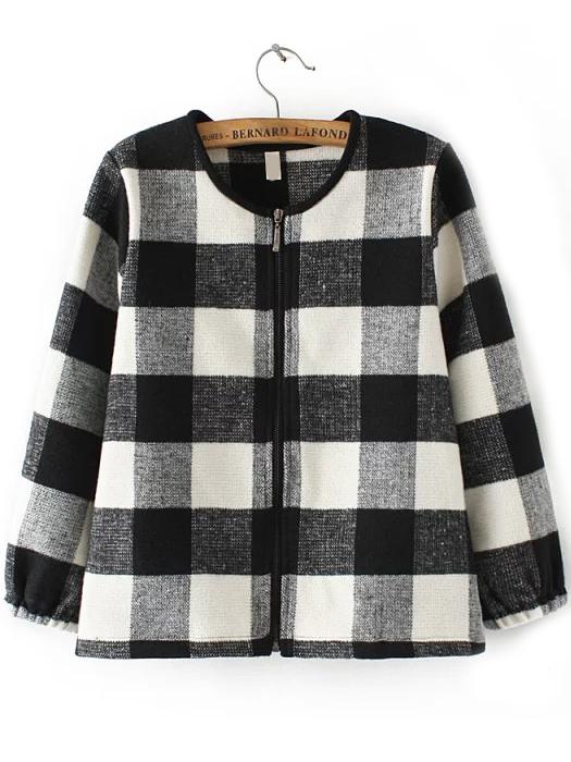 Romwe Round Neck Plaid Zipper Coat