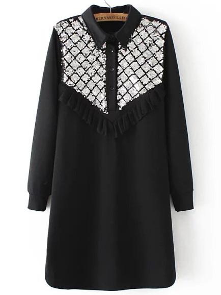 Romwe Black Sequin Ruffle Detail Side Slit Dress