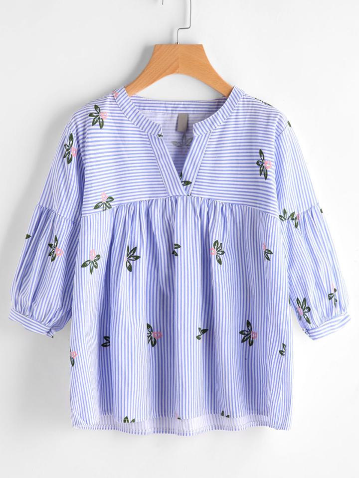 Romwe V Neckline Floral Print Striped Smock Blouse
