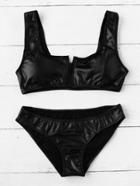 Romwe Zipper Up Faux Leather Bikini Set