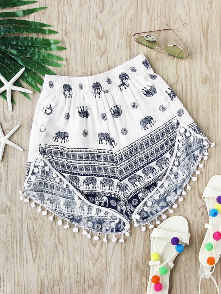 Romwe Vintage Print Pom Pom Trim Dolphin Shorts