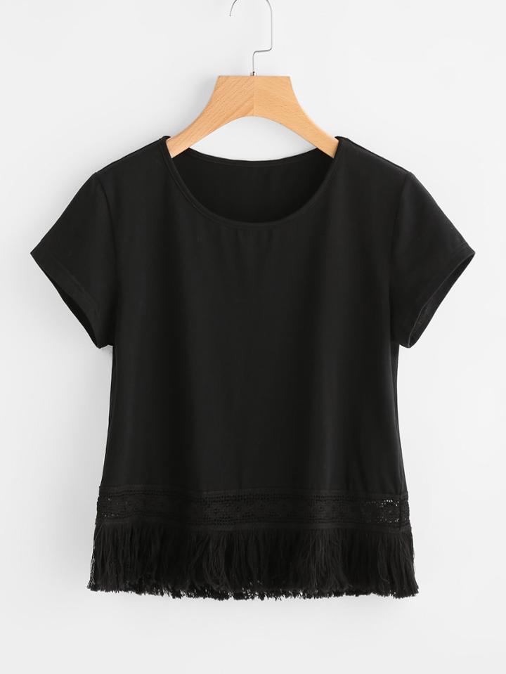 Romwe Fringe Lace Trim T-shirt